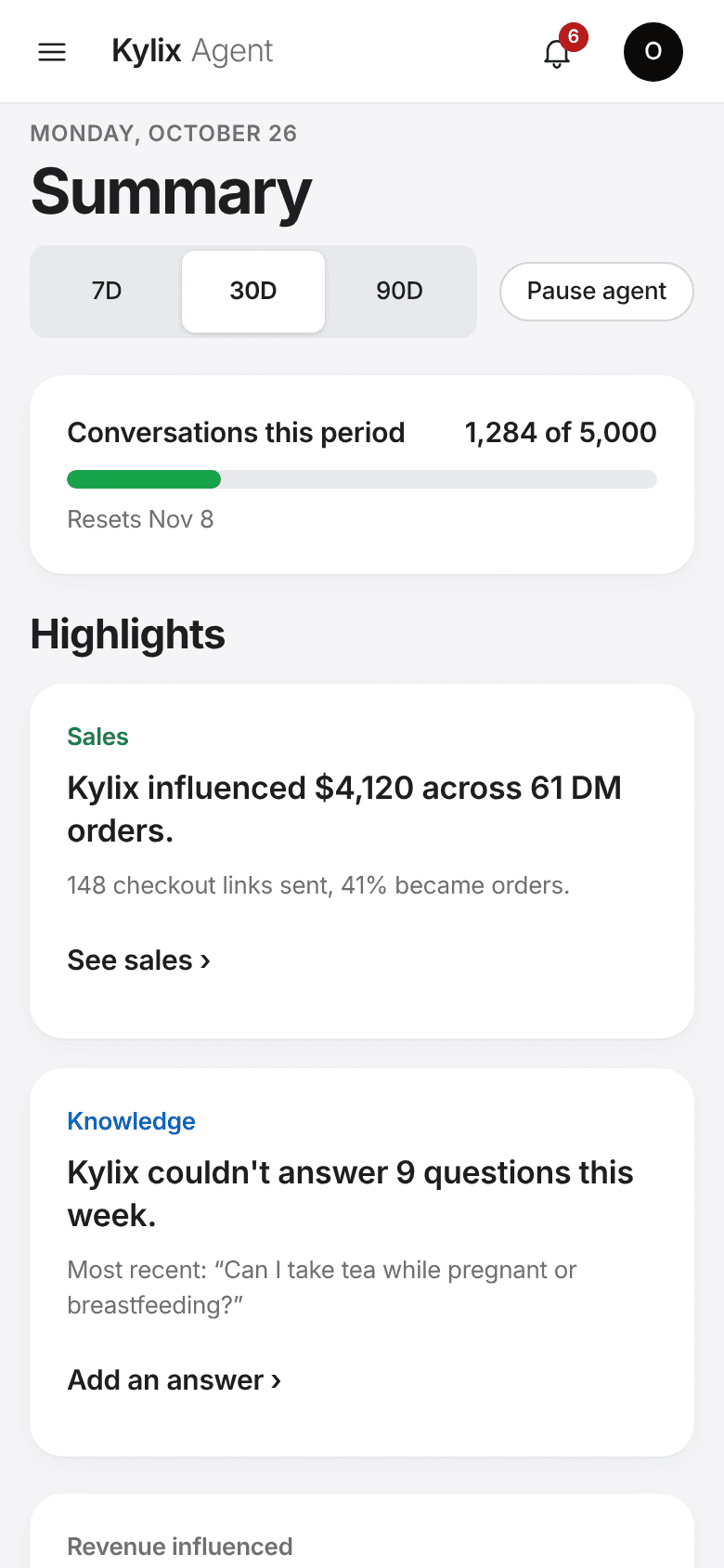 Home: Kylix dashboard screen with sample data,